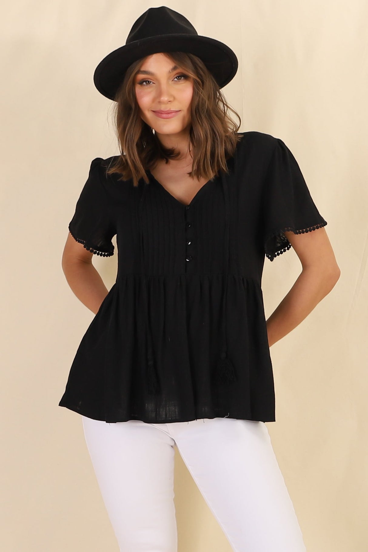 Mallory Top - Pleated Bodice Crochet Trim Cap Sleeve Smock Top in Black
