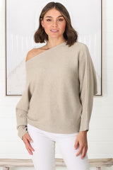 Havanah Knit Top - Boat Neckline Ribbed Top in Beige