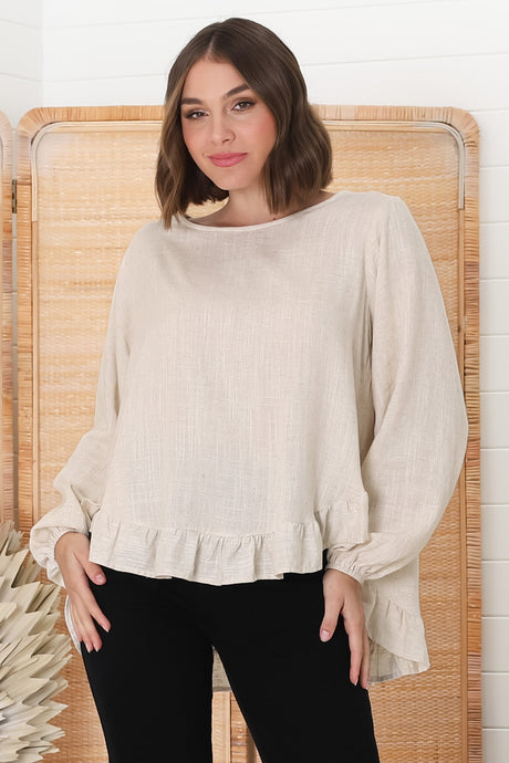 Solara Top - Crew Neck Linen Blend Frill Hemmed Top in Oat