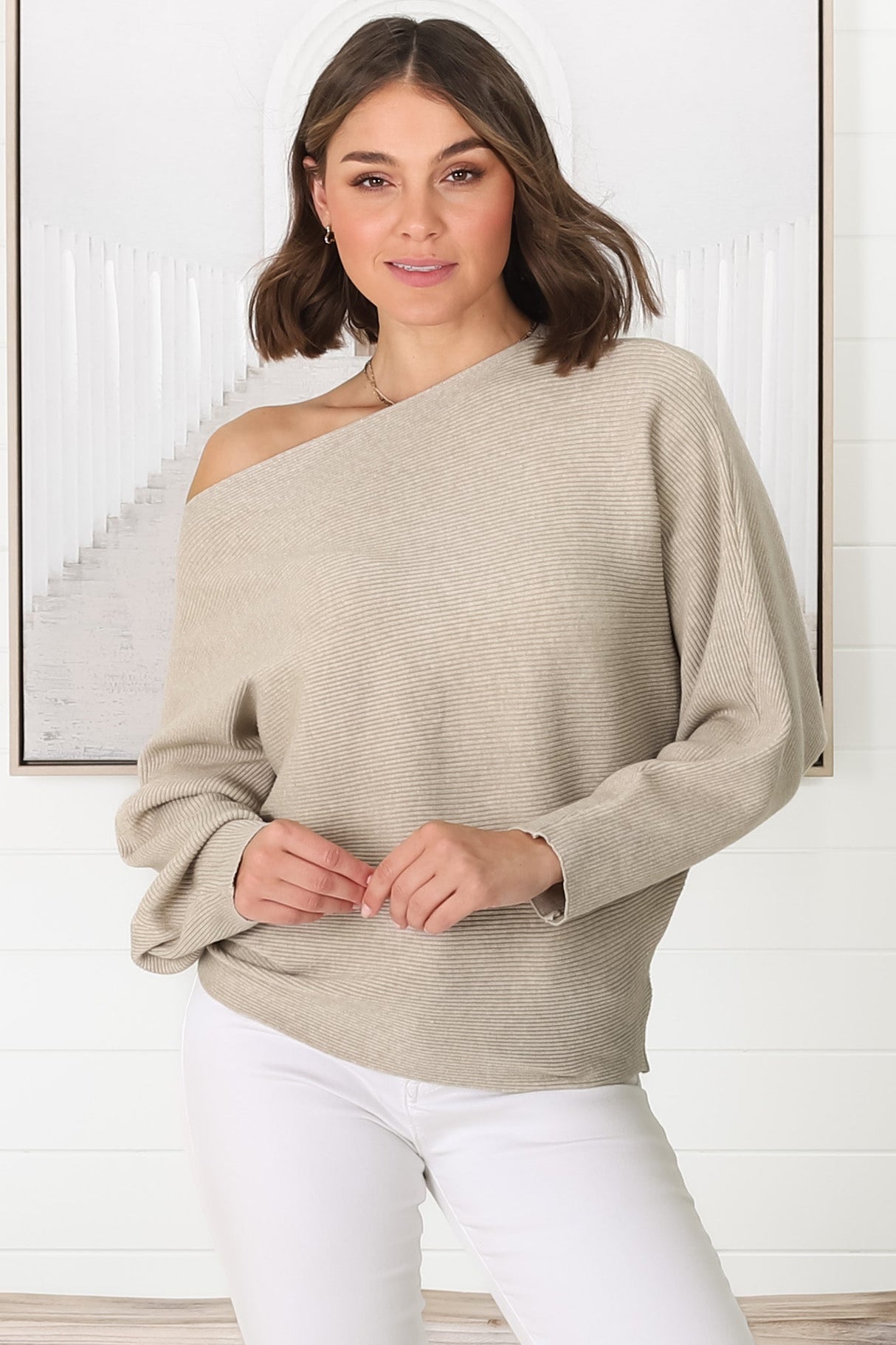 Havanah Knit Top - Boat Neckline Ribbed Top in Beige