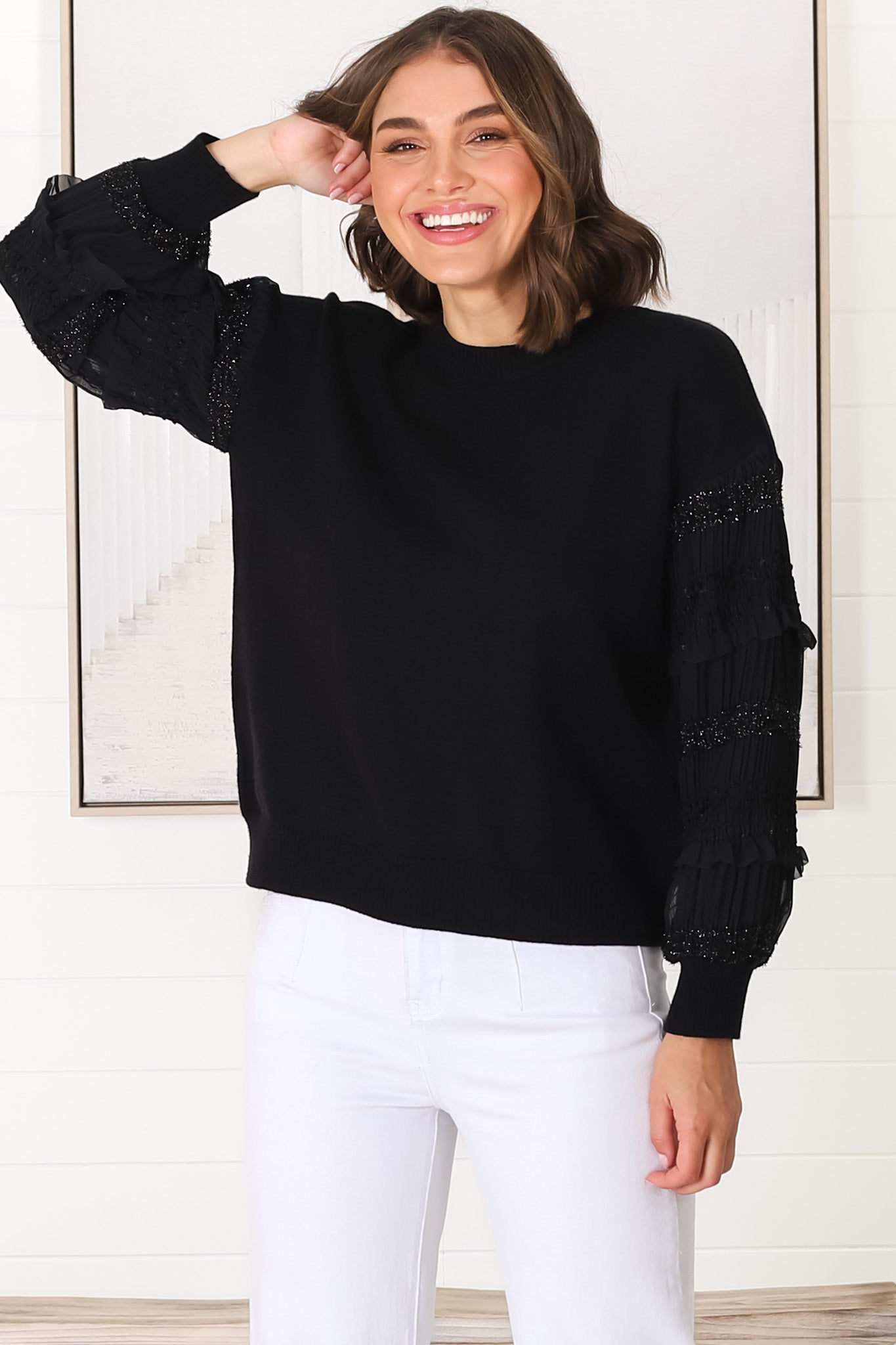 Louisa Knit Jumper - Long Sheer Lace Work Sleeve Jumper in Black