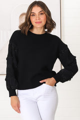 Louisa Knit Jumper - Long Sheer Lace Work Sleeve Jumper in Black