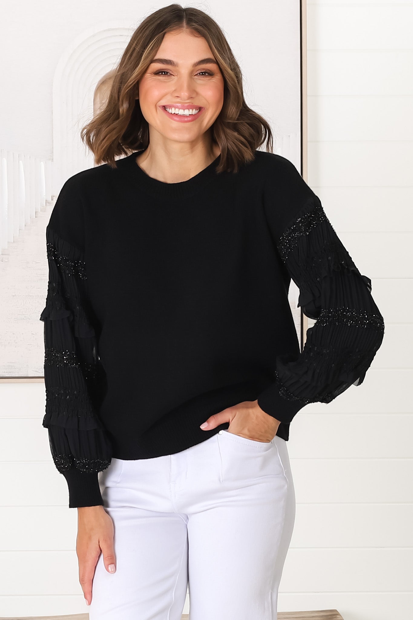 Louisa Knit Jumper - Long Sheer Lace Work Sleeve Jumper in Black