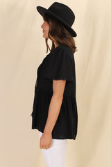 Mallory Top - Pleated Bodice Crochet Trim Cap Sleeve Smock Top in Black