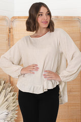 Solara Top - Crew Neck Linen Blend Frill Hemmed Top in Oat