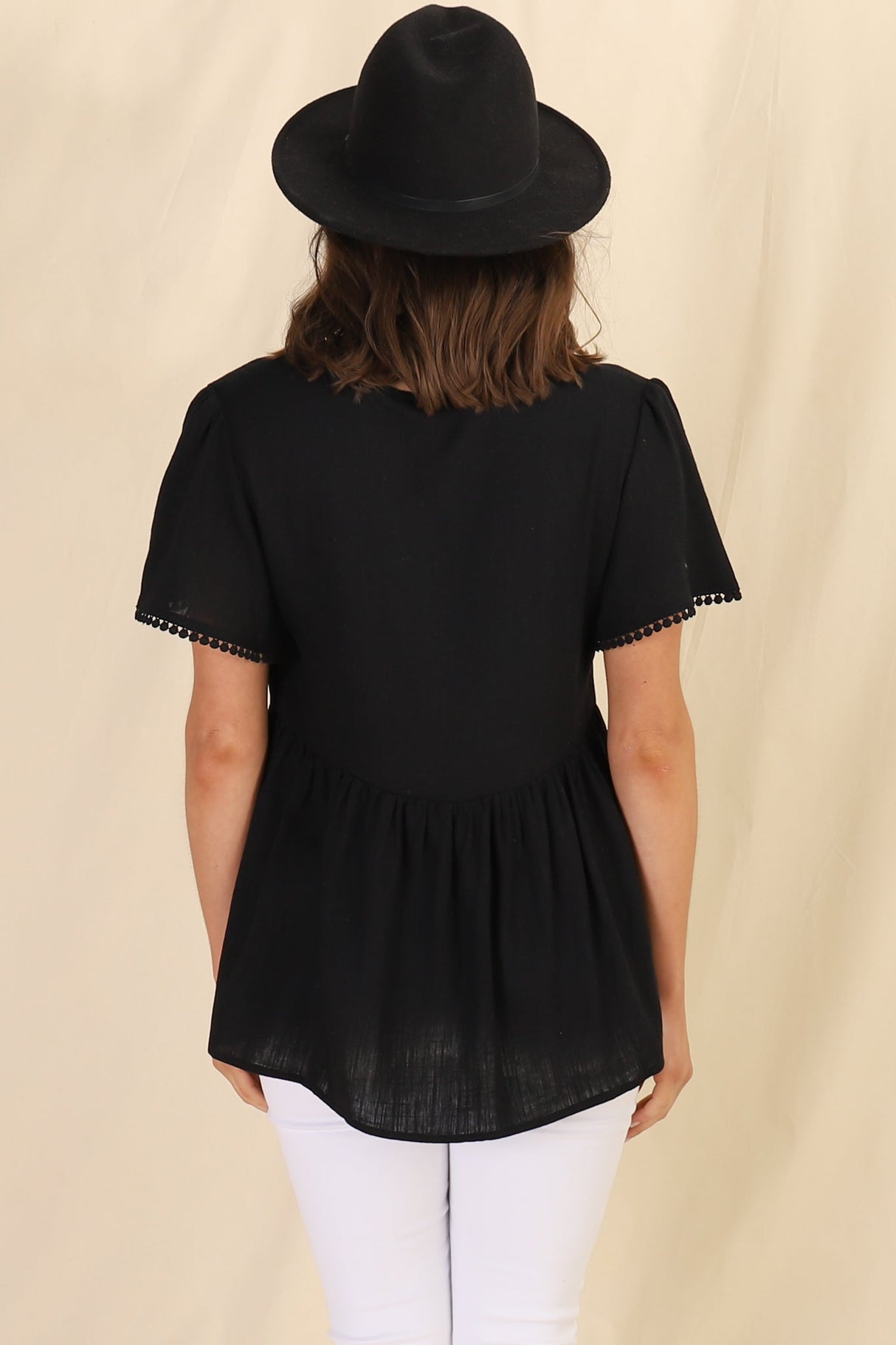 Mallory Top - Pleated Bodice Crochet Trim Cap Sleeve Smock Top in Black