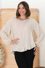 Solara Top - Crew Neck Linen Blend Frill Hemmed Top in Oat