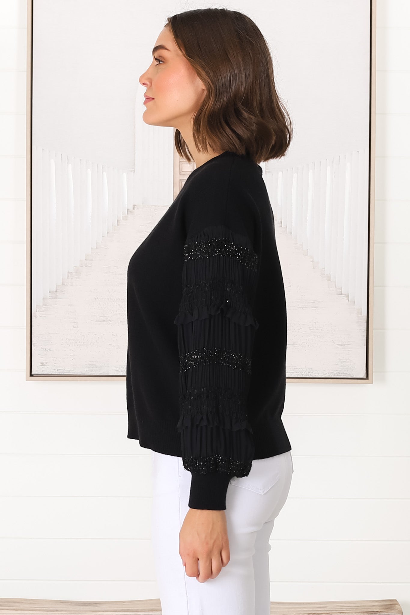 Louisa Knit Jumper - Long Sheer Lace Work Sleeve Jumper in Black