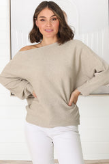 Havanah Knit Top - Boat Neckline Ribbed Top in Beige