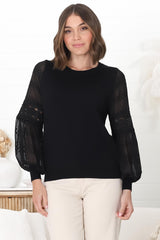 Falinda Knit Top - Crew Neck Lace Sleeve Knit in Black