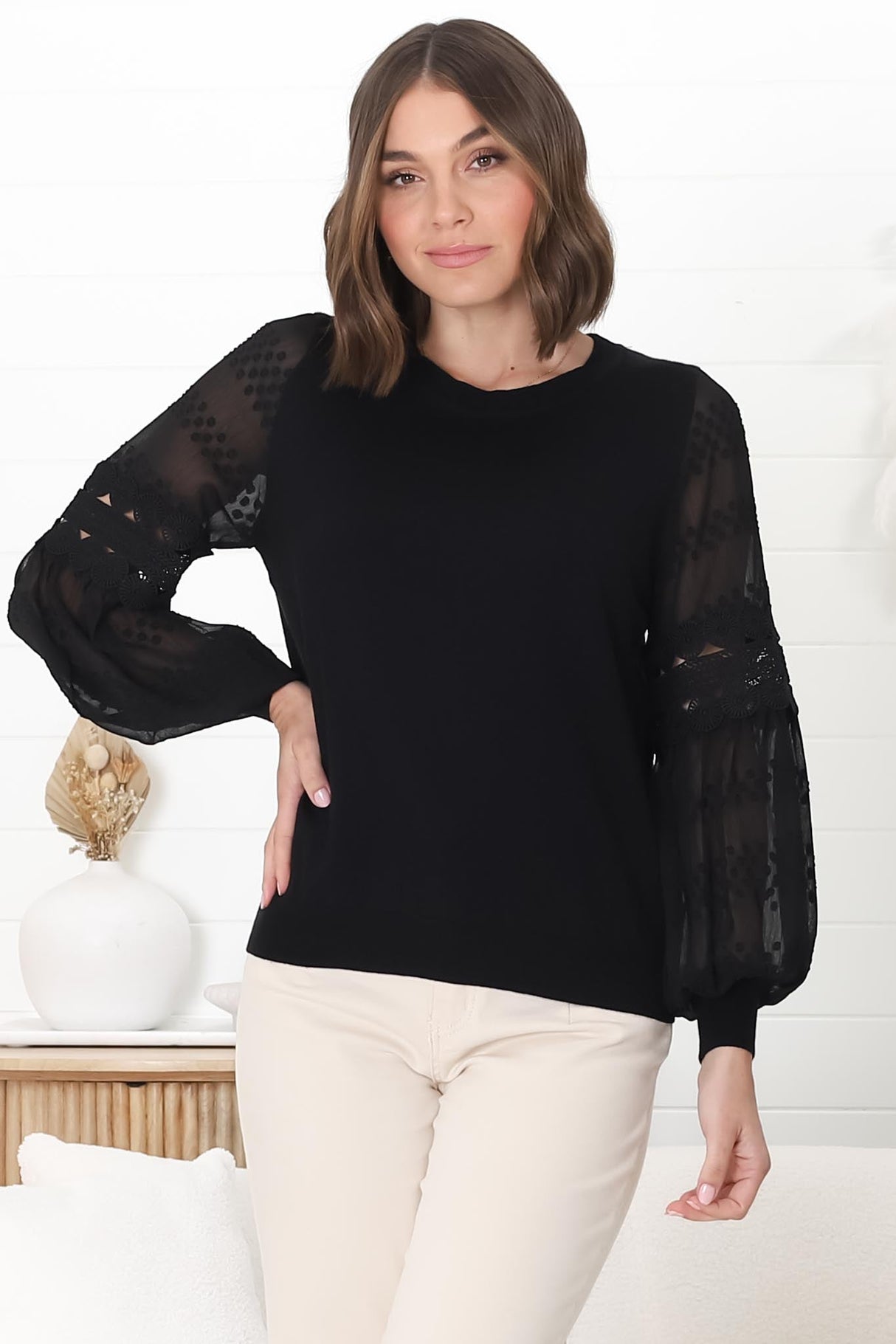 Falinda Knit Top - Crew Neck Lace Sleeve Knit in Black