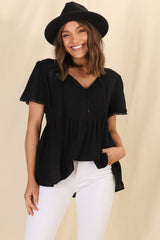 Mallory Top - Pleated Bodice Crochet Trim Cap Sleeve Smock Top in Black