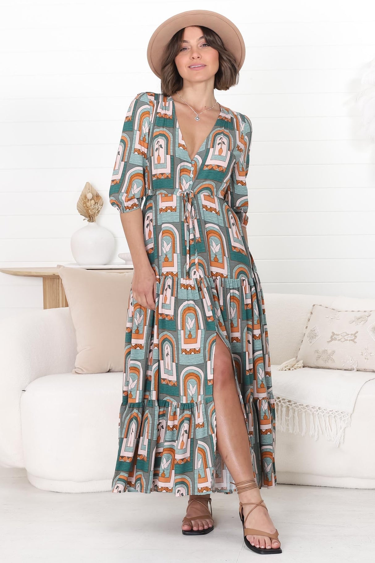 JAASE - Tessa Maxi Dress: A Line Pull Tie Waist Dress in Emerald Arches Print