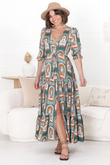 JAASE - Tessa Maxi Dress: A Line Pull Tie Waist Dress in Emerald Arches Print