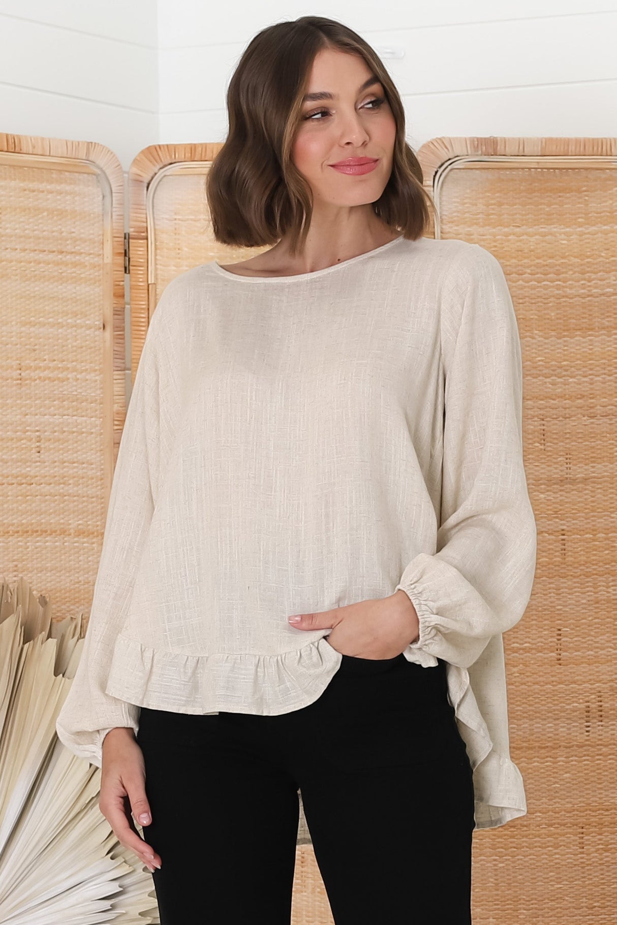 Solara Top - Crew Neck Linen Blend Frill Hemmed Top in Oat