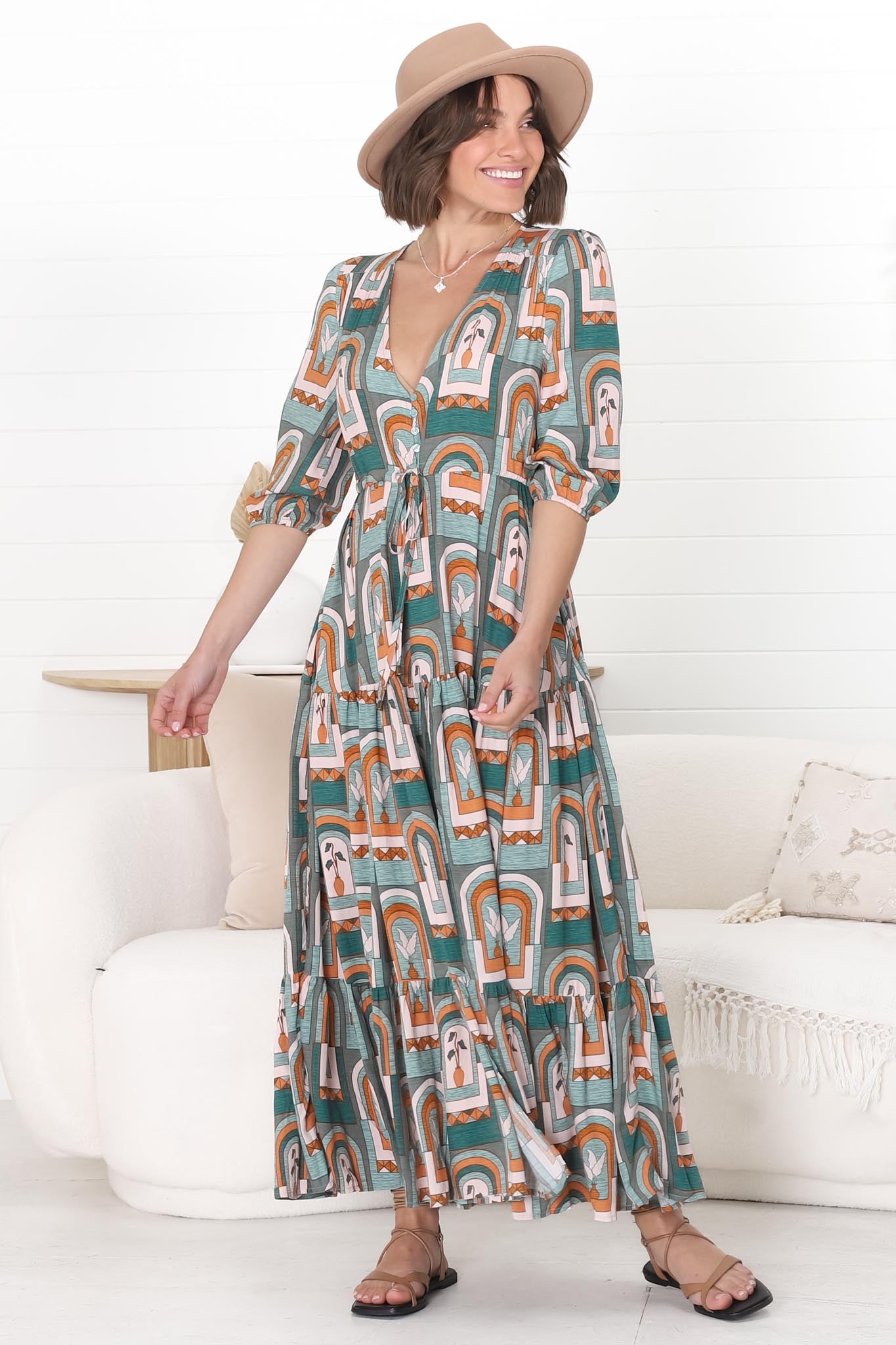 JAASE - Tessa Maxi Dress: A Line Pull Tie Waist Dress in Emerald Arches Print