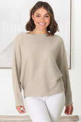 Havanah Knit Top - Boat Neckline Ribbed Top in Beige