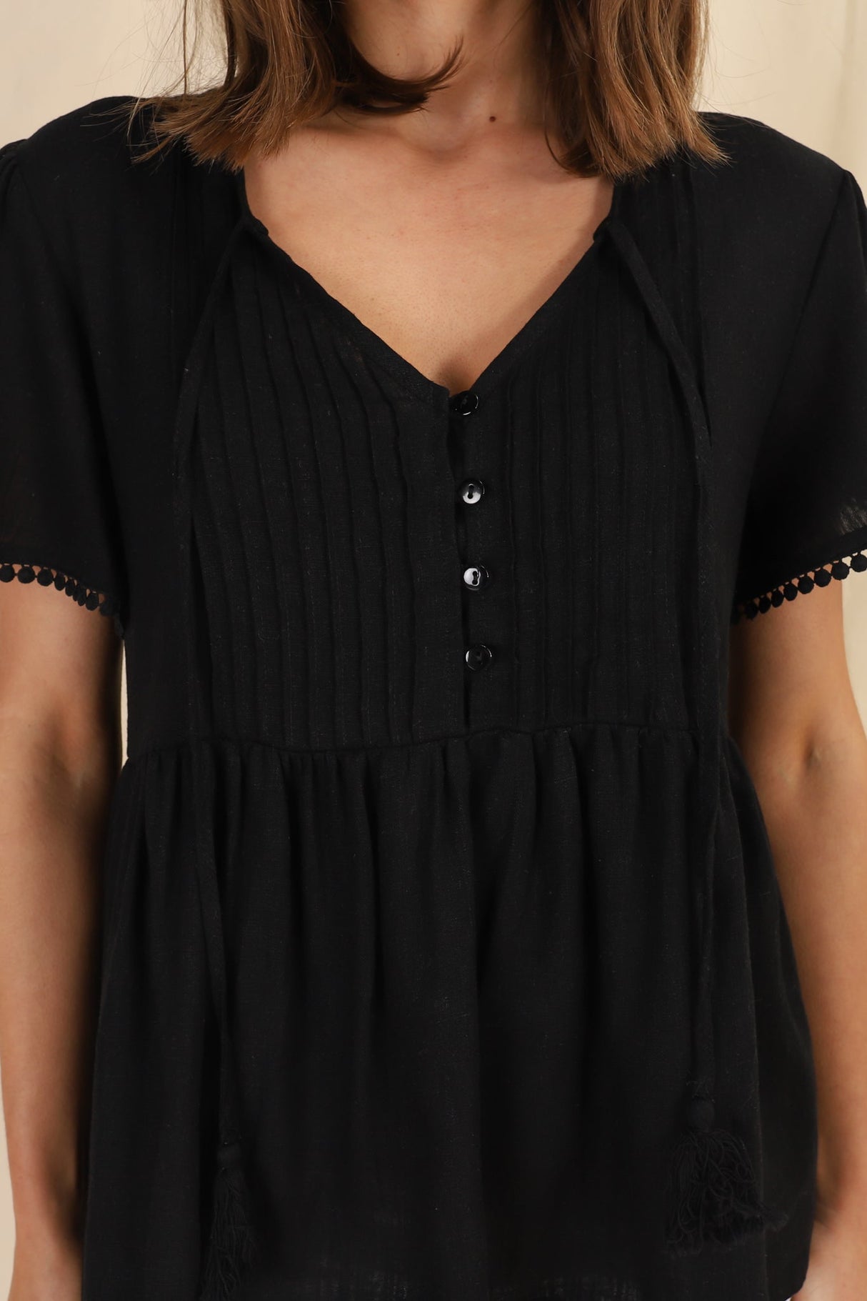 Mallory Top - Pleated Bodice Crochet Trim Cap Sleeve Smock Top in Black