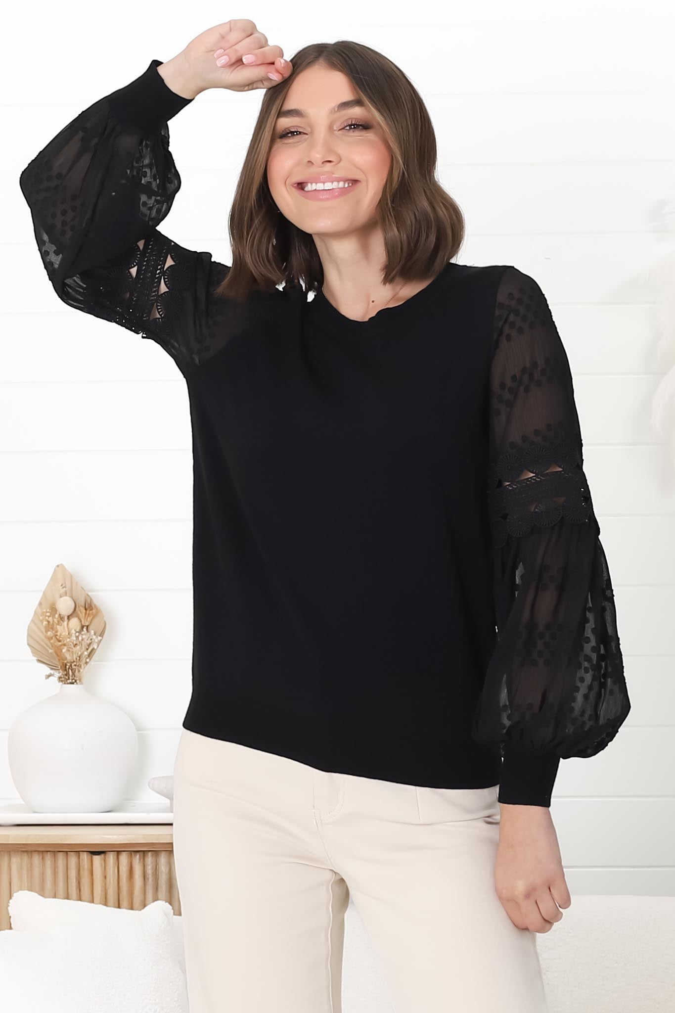 Falinda Knit Top - Crew Neck Lace Sleeve Knit in Black