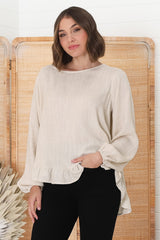 Solara Top - Crew Neck Linen Blend Frill Hemmed Top in Oat