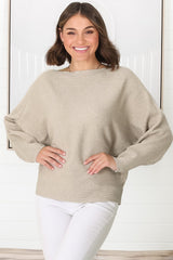 Havanah Knit Top - Boat Neckline Ribbed Top in Beige