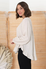 Solara Top - Crew Neck Linen Blend Frill Hemmed Top in Oat