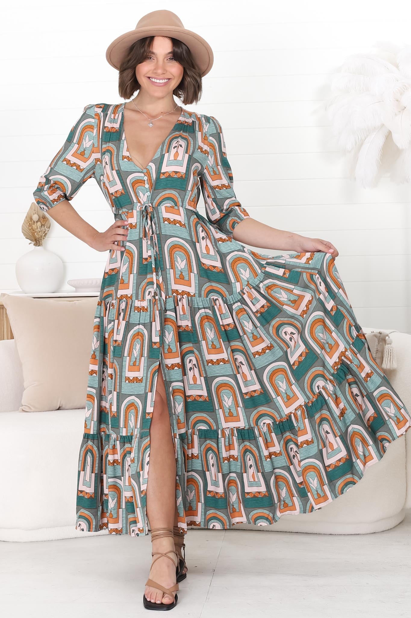 JAASE - Tessa Maxi Dress: A Line Pull Tie Waist Dress in Emerald Arches Print