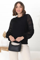 Falinda Knit Top - Crew Neck Lace Sleeve Knit in Black