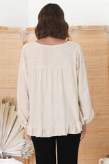 Solara Top - Crew Neck Linen Blend Frill Hemmed Top in Oat