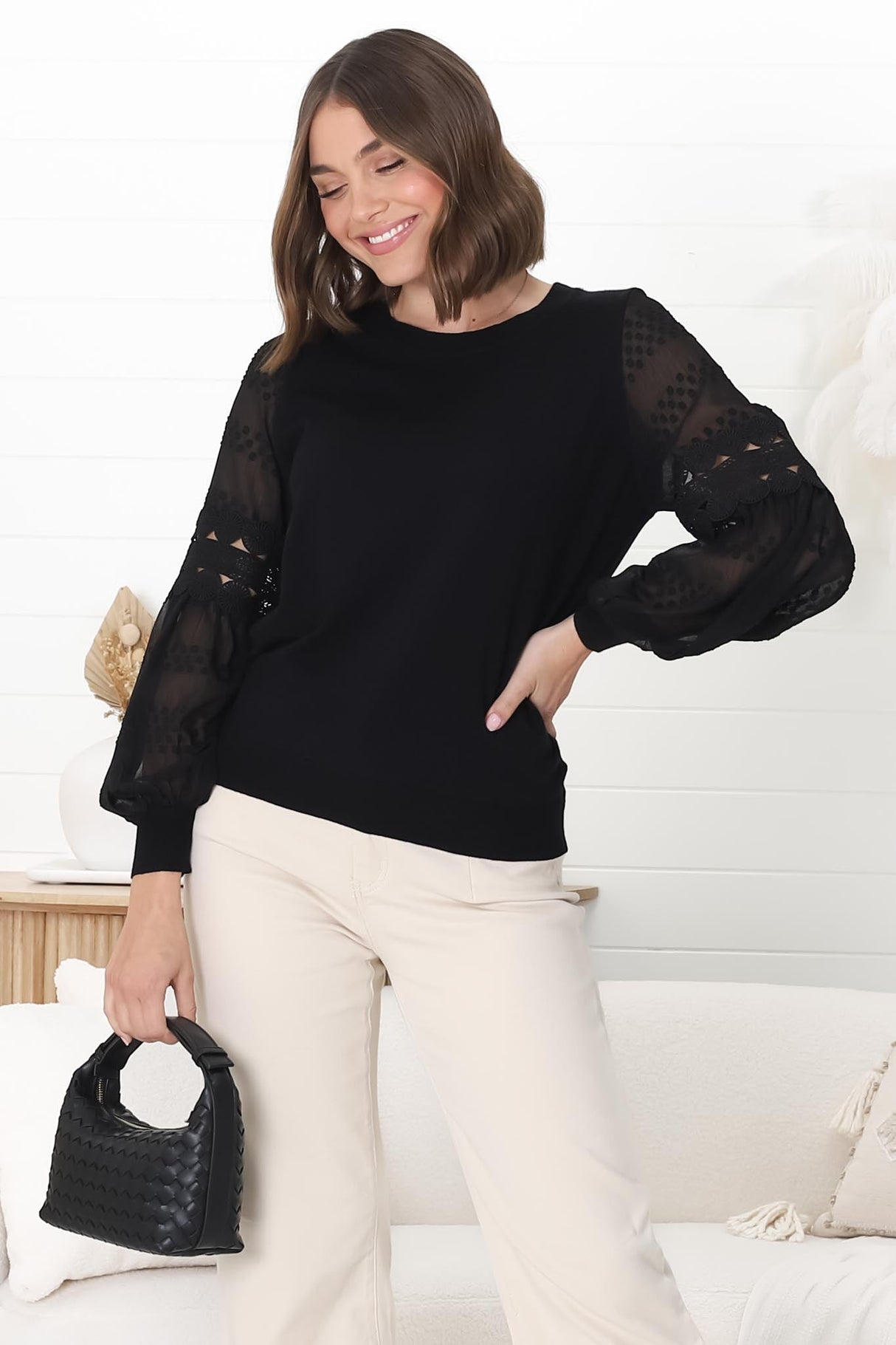 Falinda Knit Top - Crew Neck Lace Sleeve Knit in Black