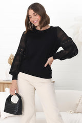 Falinda Knit Top - Crew Neck Lace Sleeve Knit in Black