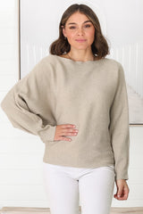 Havanah Knit Top - Boat Neckline Ribbed Top in Beige