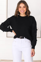 Louisa Knit Jumper - Long Sheer Lace Work Sleeve Jumper in Black