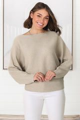 Havanah Knit Top - Boat Neckline Ribbed Top in Beige