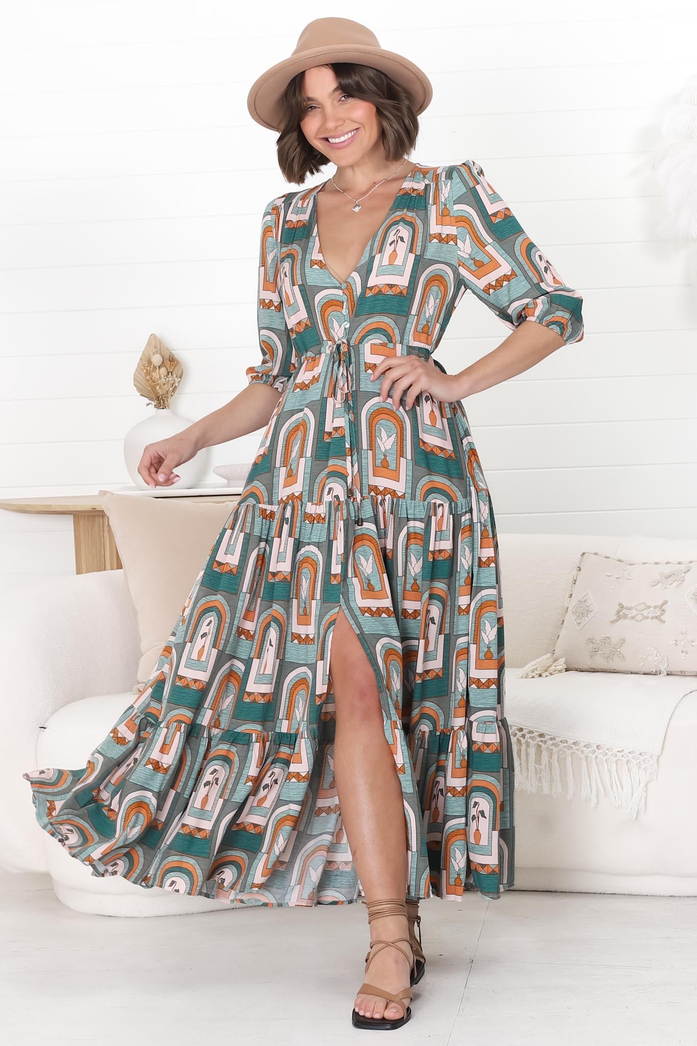 JAASE - Tessa Maxi Dress: A Line Pull Tie Waist Dress in Emerald Arches Print