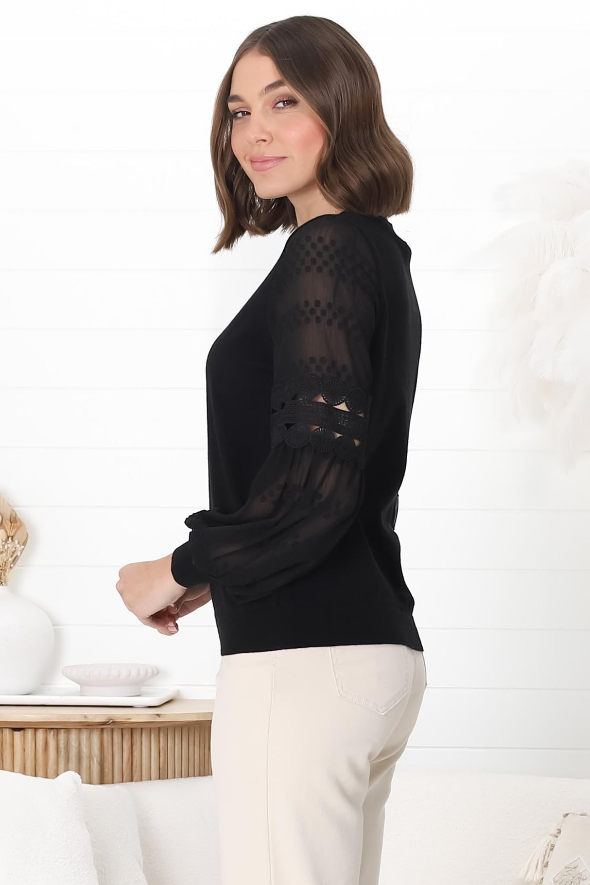 Falinda Knit Top - Crew Neck Lace Sleeve Knit in Black