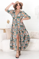 JAASE - Tessa Maxi Dress: A Line Pull Tie Waist Dress in Emerald Arches Print