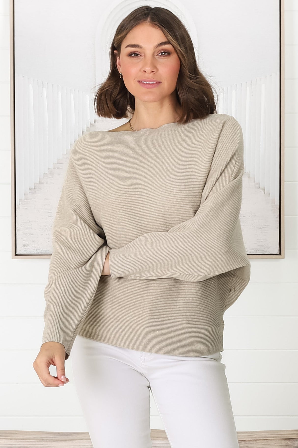 Havanah Knit Top - Boat Neckline Ribbed Top in Beige