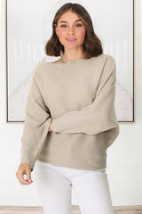 Havanah Knit Top - Boat Neckline Ribbed Top in Beige