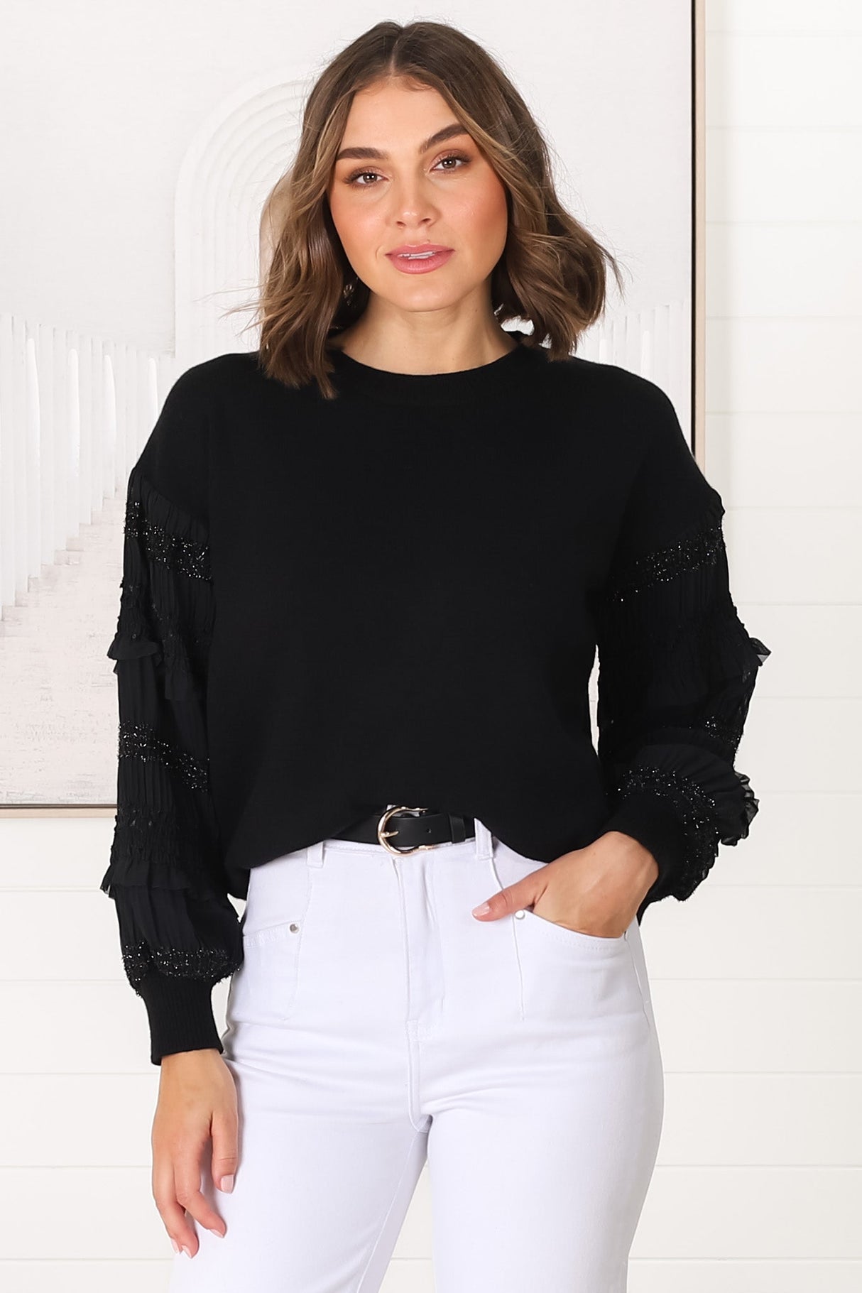 Louisa Knit Jumper - Long Sheer Lace Work Sleeve Jumper in Black