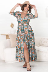 JAASE - Tessa Maxi Dress: A Line Pull Tie Waist Dress in Emerald Arches Print