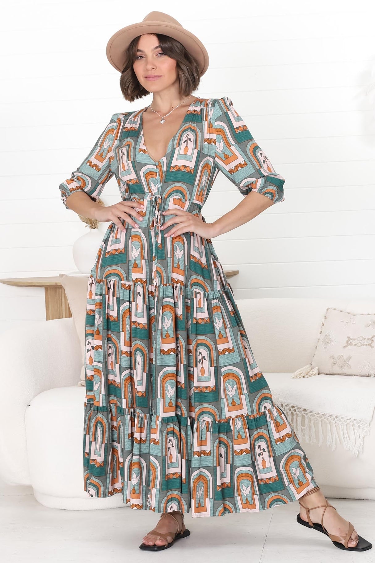 JAASE - Tessa Maxi Dress: A Line Pull Tie Waist Dress in Emerald Arches Print