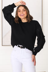 Louisa Knit Jumper - Long Sheer Lace Work Sleeve Jumper in Black