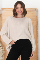 Solara Top - Crew Neck Linen Blend Frill Hemmed Top in Oat