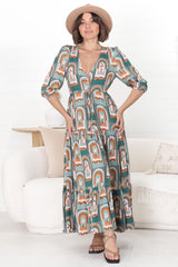 JAASE - Tessa Maxi Dress: A Line Pull Tie Waist Dress in Emerald Arches Print