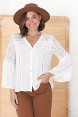 Myrna Top - V Neck Hollow Out Lace Detailed Button Down in White