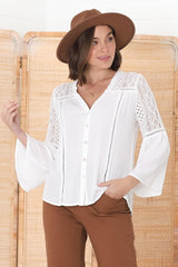 Myrna Top - V Neck Hollow Out Lace Detailed Button Down in White