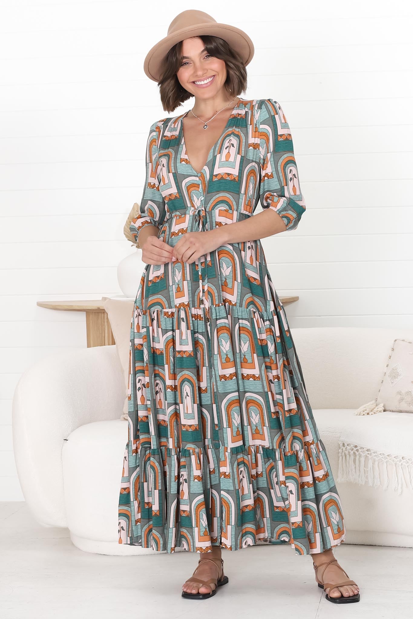 JAASE - Tessa Maxi Dress: A Line Pull Tie Waist Dress in Emerald Arches Print