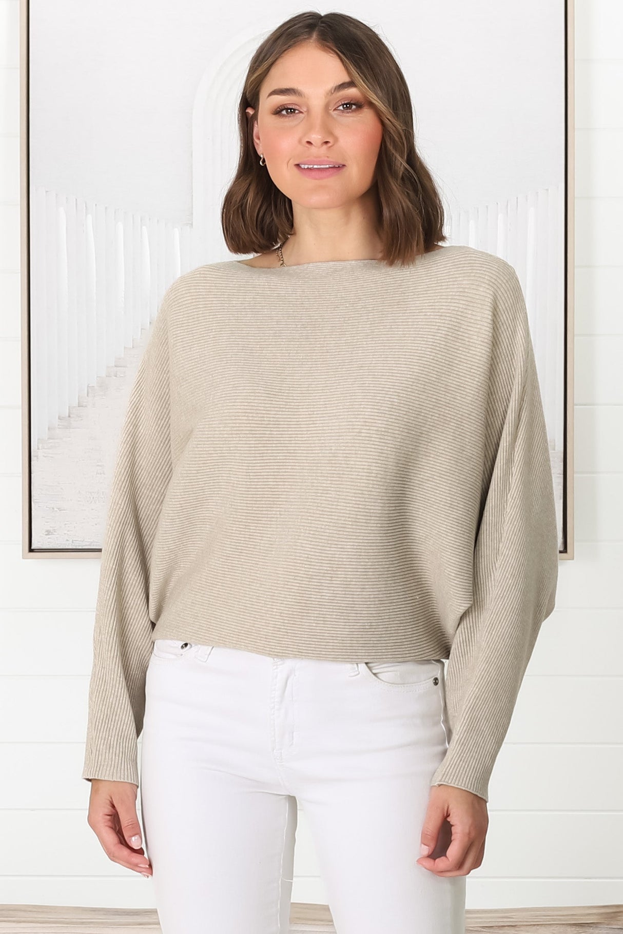 Havanah Knit Top - Boat Neckline Ribbed Top in Beige