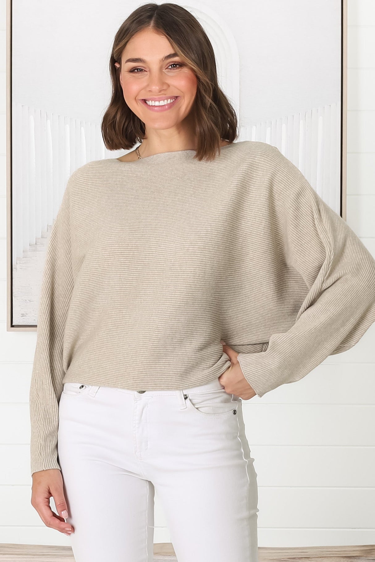 Havanah Knit Top - Boat Neckline Ribbed Top in Beige